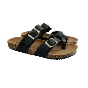 New Cork Footbed Strappy Buckle Vegan Leather Sandals 7 Black Gila‎ Arch Support